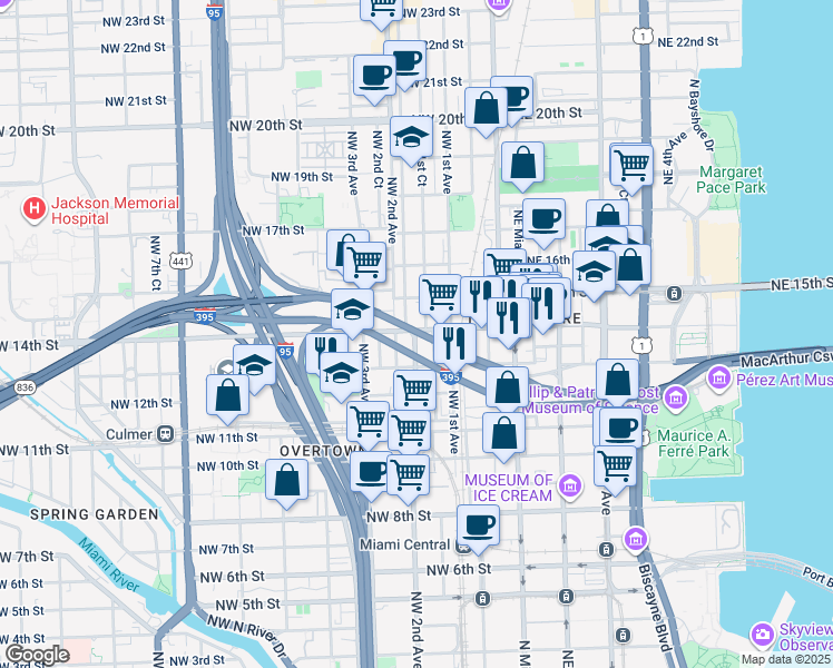 map of restaurants, bars, coffee shops, grocery stores, and more near 170 Northwest 14th Street in Miami
