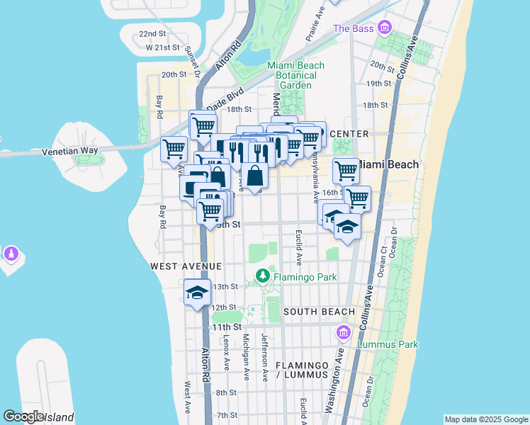 map of restaurants, bars, coffee shops, grocery stores, and more near 1529 Jefferson Avenue in Miami Beach