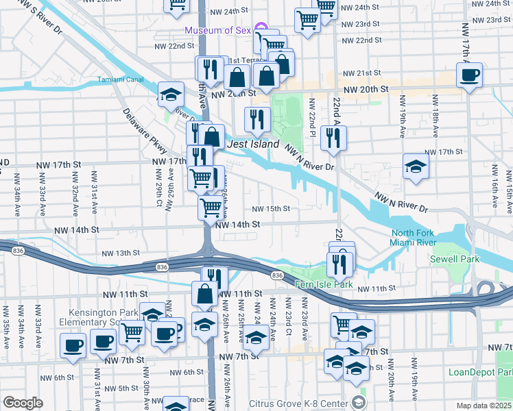 map of restaurants, bars, coffee shops, grocery stores, and more near 2455 Northwest 15th Street in Miami