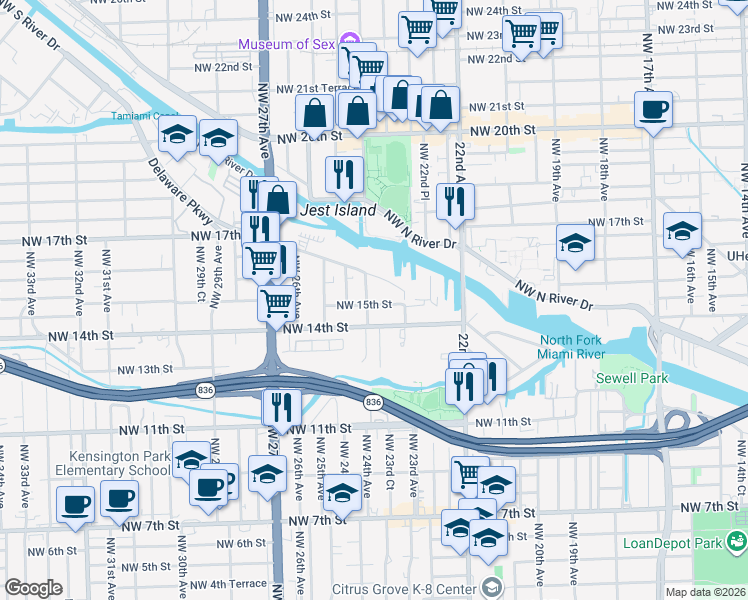 map of restaurants, bars, coffee shops, grocery stores, and more near 2353 Northwest 15th Street in Miami