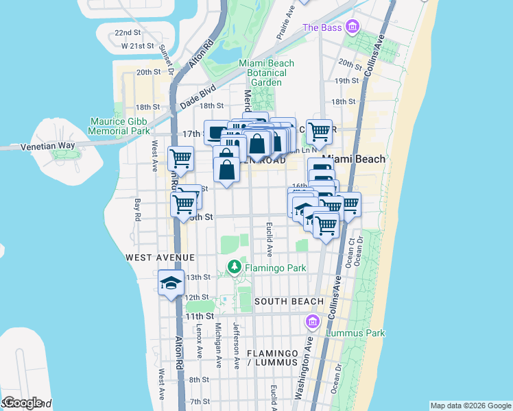 map of restaurants, bars, coffee shops, grocery stores, and more near 1525 Meridian Avenue in Miami Beach