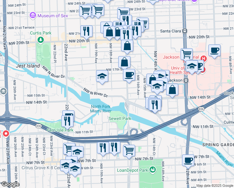 map of restaurants, bars, coffee shops, grocery stores, and more near 1769 NW North River Dr in Miami