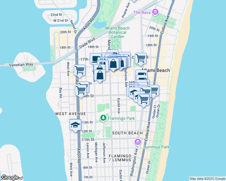 map of restaurants, bars, coffee shops, grocery stores, and more near 1525 Meridian Avenue in Miami Beach