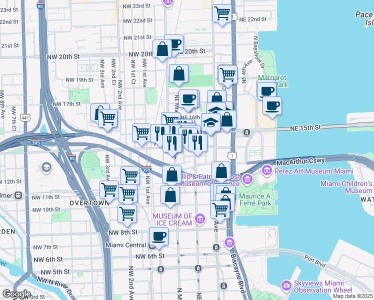 map of restaurants, bars, coffee shops, grocery stores, and more near 1371 Northeast Miami Court in Miami