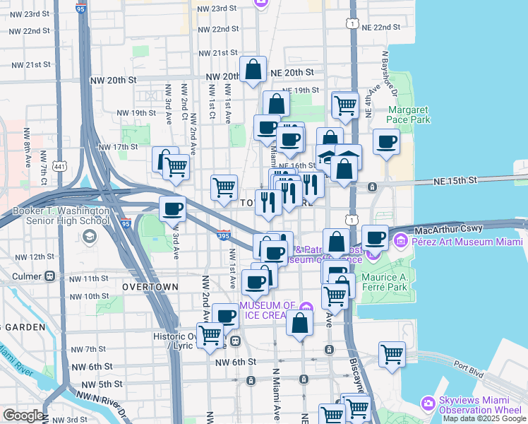 map of restaurants, bars, coffee shops, grocery stores, and more near 14 Northwest 14th Street in Miami