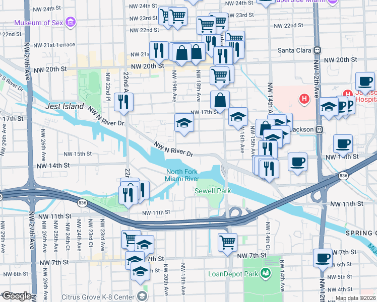 map of restaurants, bars, coffee shops, grocery stores, and more near 1871 Northwest North River Drive in Miami