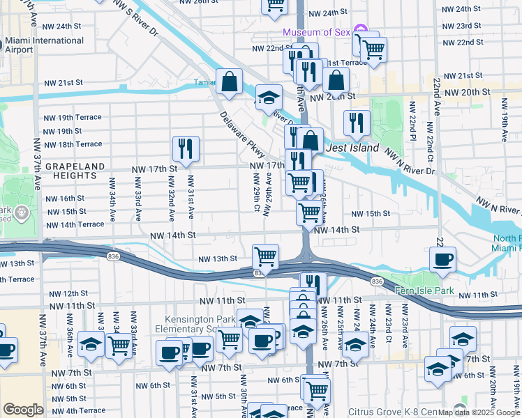 map of restaurants, bars, coffee shops, grocery stores, and more near 2925 Northwest 15th Street in Miami