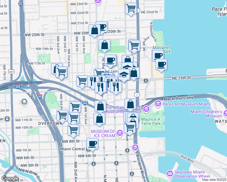 map of restaurants, bars, coffee shops, grocery stores, and more near 1366 Northeast 1st Avenue in Miami