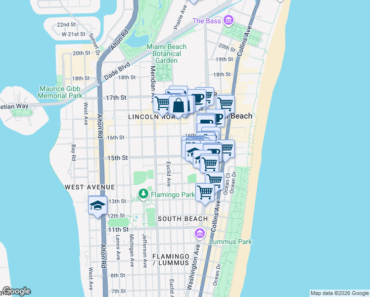 map of restaurants, bars, coffee shops, grocery stores, and more near 1526 Pennsylvania Avenue in Miami Beach