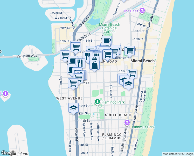 map of restaurants, bars, coffee shops, grocery stores, and more near 1529 Jefferson Avenue in Miami Beach