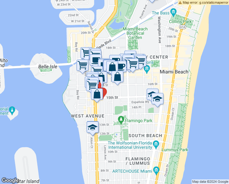 map of restaurants, bars, coffee shops, grocery stores, and more near 1526 Michigan Avenue in Miami Beach