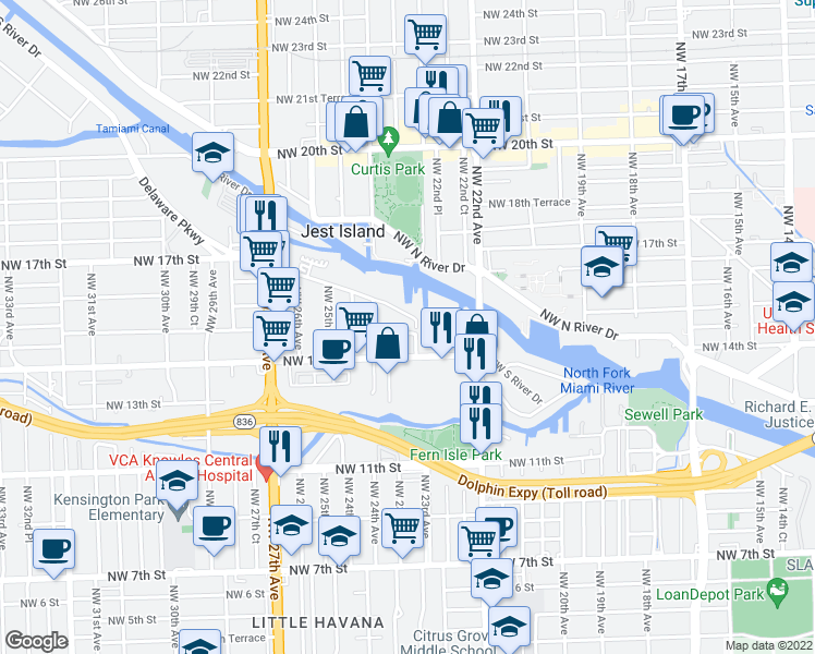 map of restaurants, bars, coffee shops, grocery stores, and more near 2303 Northwest 15th Street in Miami