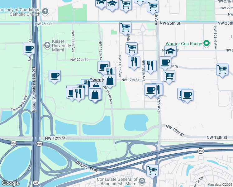 map of restaurants, bars, coffee shops, grocery stores, and more near 1556 Northwest 110th Avenue in Miami