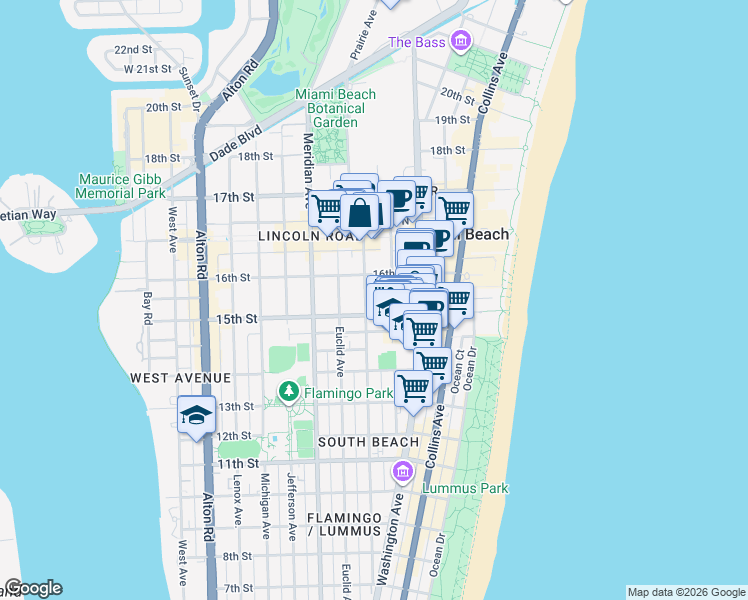 map of restaurants, bars, coffee shops, grocery stores, and more near 1526 Pennsylvania Avenue in Miami Beach