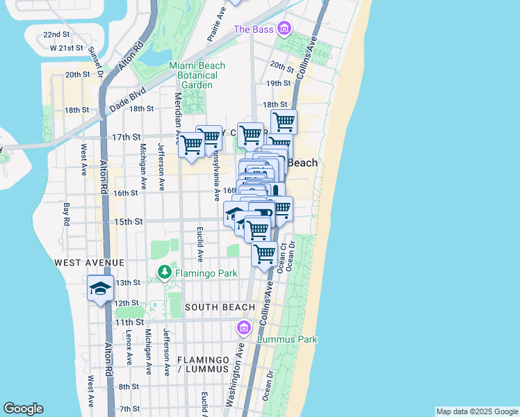 map of restaurants, bars, coffee shops, grocery stores, and more near 405 15th Street in Miami Beach