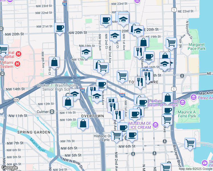 map of restaurants, bars, coffee shops, grocery stores, and more near 236 Northwest 14th Street in Miami
