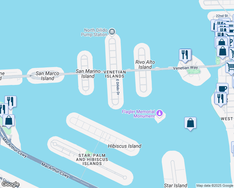 map of restaurants, bars, coffee shops, grocery stores, and more near 120 East Dilido Drive in Miami Beach