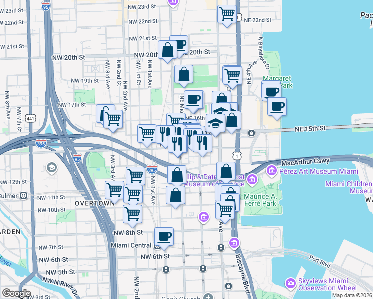 map of restaurants, bars, coffee shops, grocery stores, and more near 1371 Northeast Miami Court in Miami