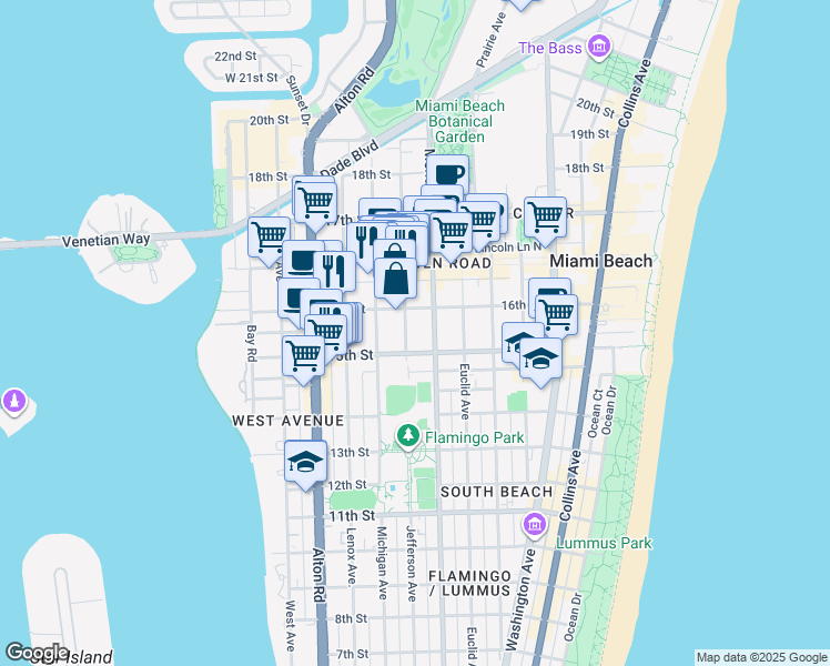 map of restaurants, bars, coffee shops, grocery stores, and more near 1537 Jefferson Avenue in Miami Beach