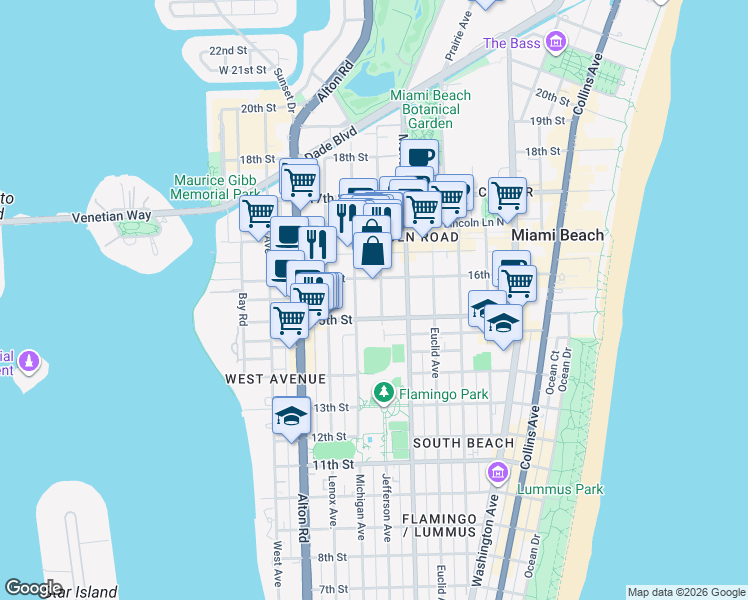 map of restaurants, bars, coffee shops, grocery stores, and more near 1529 Jefferson Avenue in Miami Beach