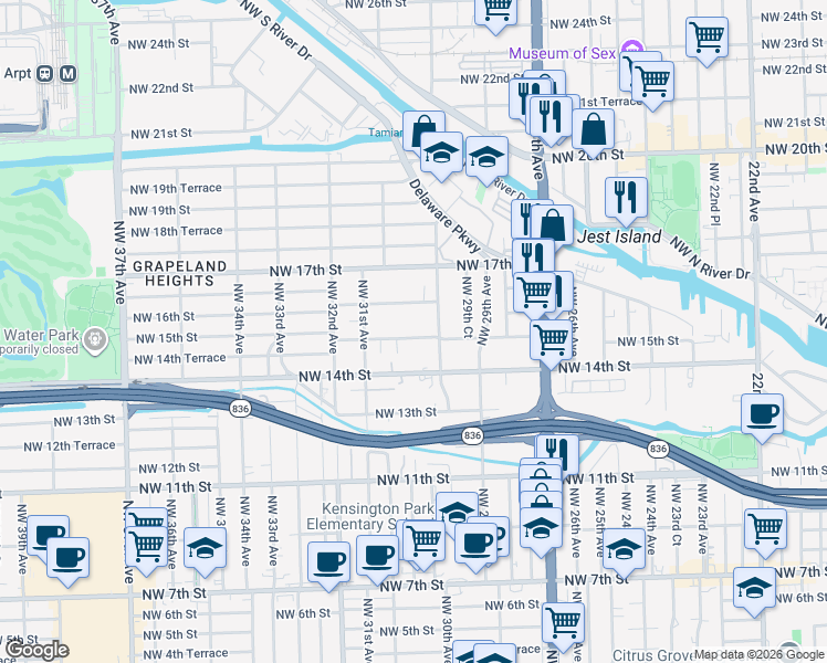 map of restaurants, bars, coffee shops, grocery stores, and more near 3003 Northwest 15th Street in Miami