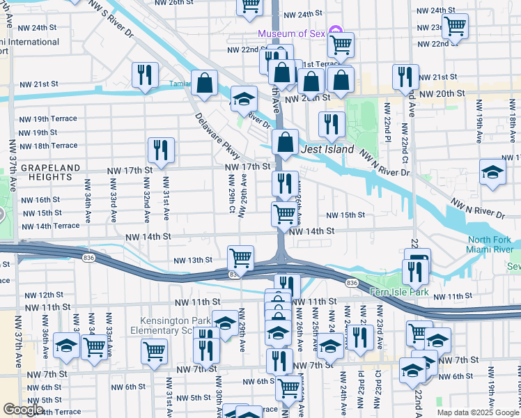 map of restaurants, bars, coffee shops, grocery stores, and more near 2795 Northwest 15th Street in Miami