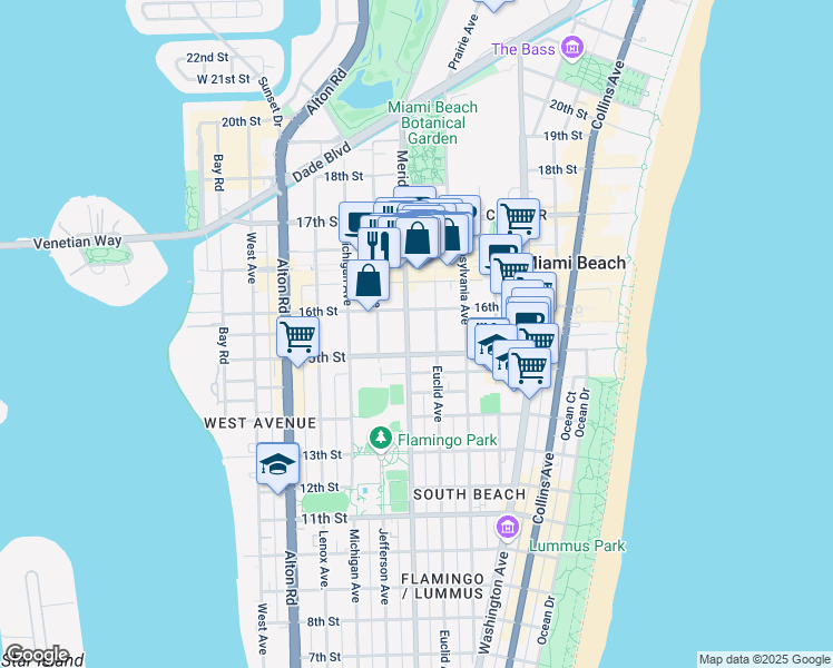 map of restaurants, bars, coffee shops, grocery stores, and more near 1535 Meridian Avenue in Miami Beach