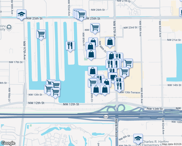 map of restaurants, bars, coffee shops, grocery stores, and more near 1562 Northwest 89th Court in Doral