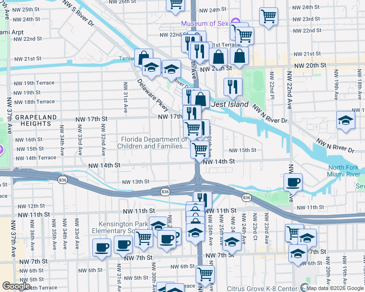 map of restaurants, bars, coffee shops, grocery stores, and more near 2795 Northwest 15th Street in Miami