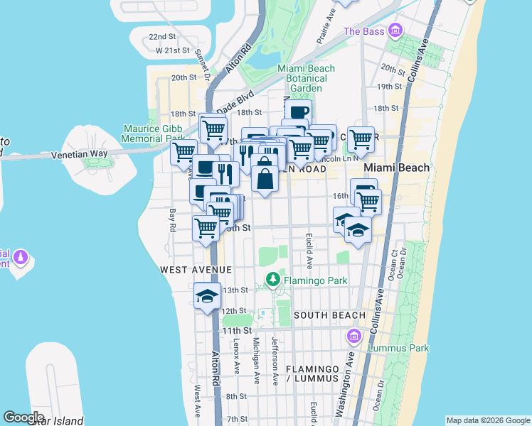 map of restaurants, bars, coffee shops, grocery stores, and more near 1529 Jefferson Avenue in Miami Beach