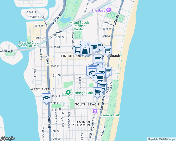 map of restaurants, bars, coffee shops, grocery stores, and more near 1525 Pennsylvania Avenue in Miami Beach