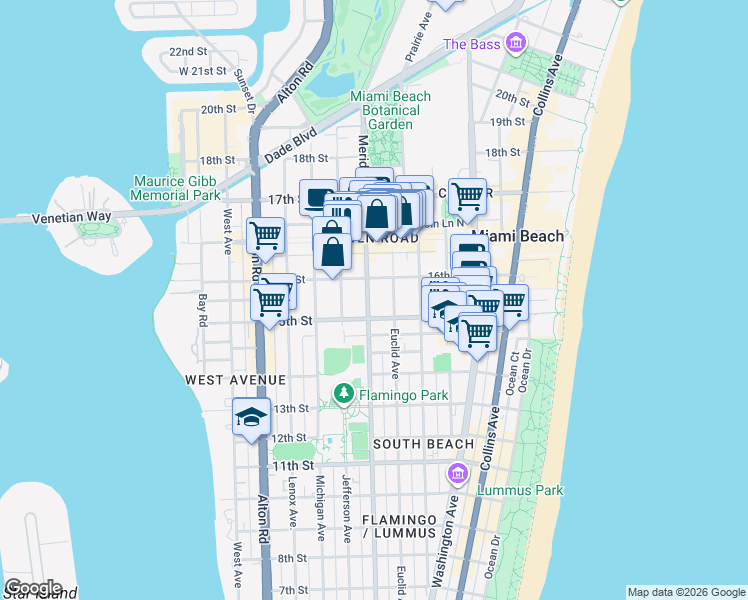 map of restaurants, bars, coffee shops, grocery stores, and more near 1525 Meridian Avenue in Miami Beach