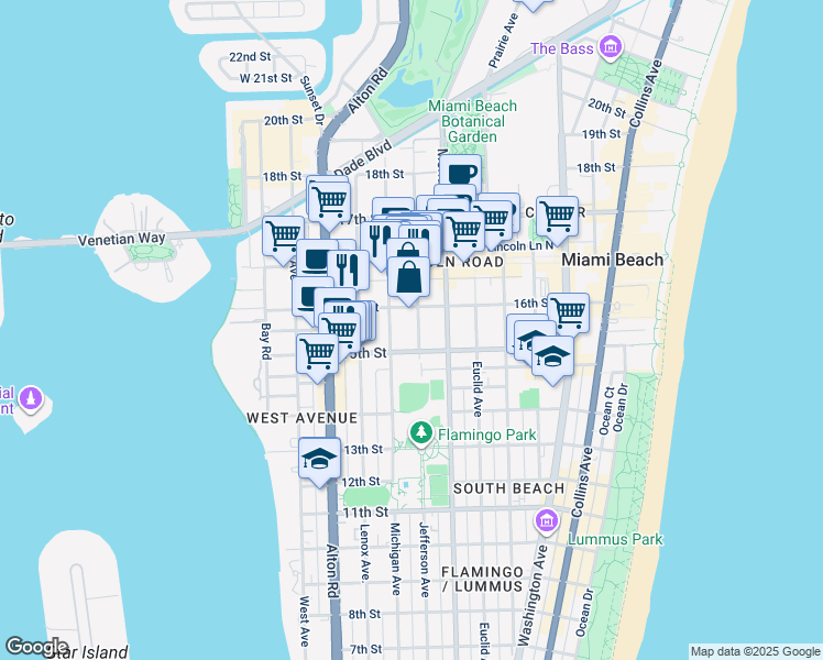 map of restaurants, bars, coffee shops, grocery stores, and more near 1529 Jefferson Avenue in Miami Beach