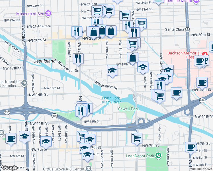 map of restaurants, bars, coffee shops, grocery stores, and more near 1901 Northwest North River Drive in Miami