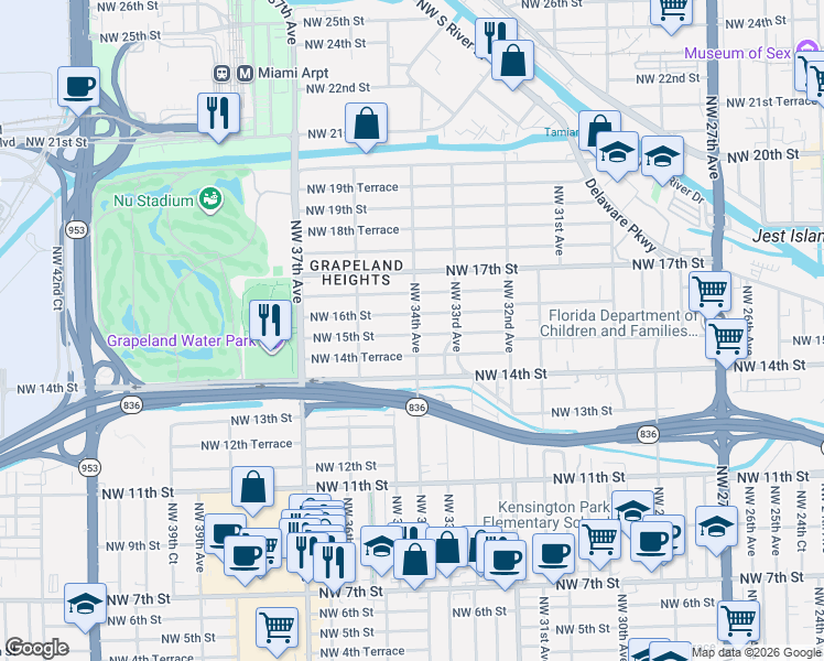 map of restaurants, bars, coffee shops, grocery stores, and more near 3400 Northwest 15th Street in Miami