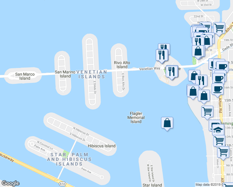 map of restaurants, bars, coffee shops, grocery stores, and more near 22 West Rivo Alto Drive in Miami Beach