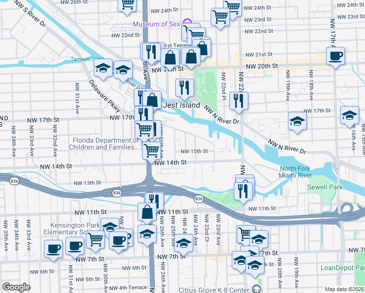 map of restaurants, bars, coffee shops, grocery stores, and more near 2455 Northwest 15th Street in Miami