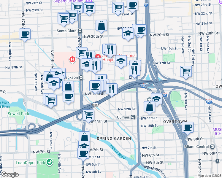 map of restaurants, bars, coffee shops, grocery stores, and more near 1425 Northwest 10th Avenue in Miami