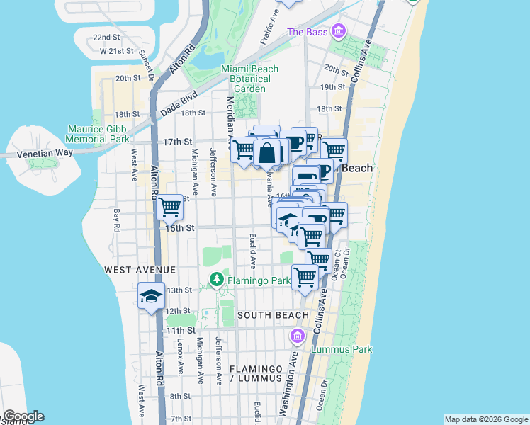 map of restaurants, bars, coffee shops, grocery stores, and more near 1530 Pennsylvania Avenue in Miami Beach