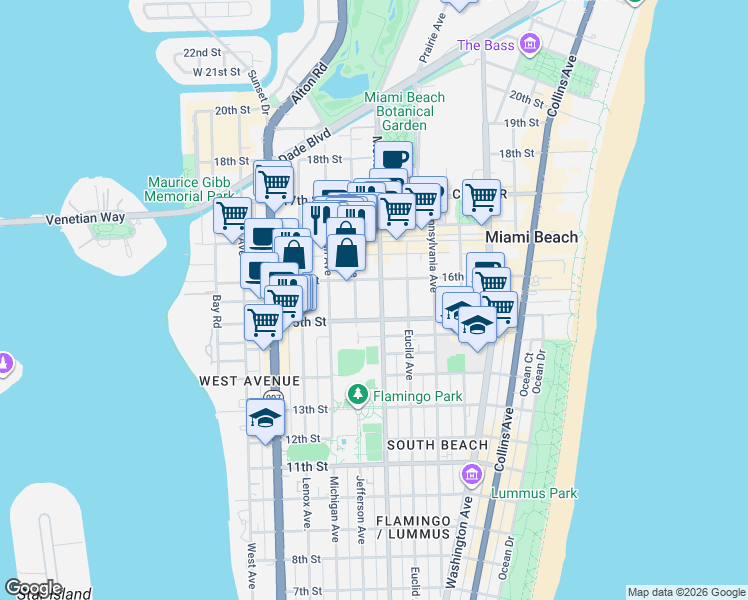 map of restaurants, bars, coffee shops, grocery stores, and more near 1529 Jefferson Avenue in Miami Beach