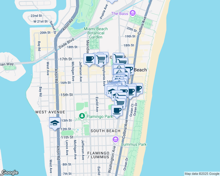 map of restaurants, bars, coffee shops, grocery stores, and more near 1532 Drexel Avenue in Miami Beach