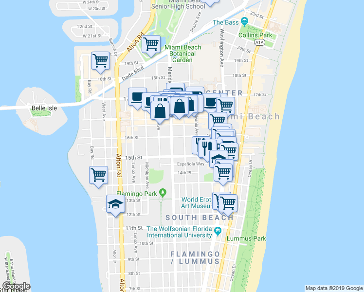 map of restaurants, bars, coffee shops, grocery stores, and more near 1525 Meridian Avenue in Miami Beach