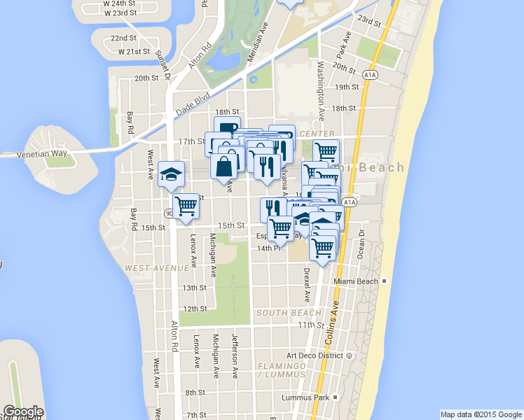 map of restaurants, bars, coffee shops, grocery stores, and more near 1525 Meridian Avenue in Miami Beach