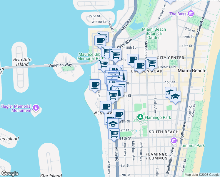 map of restaurants, bars, coffee shops, grocery stores, and more near 1535 West Avenue in Miami Beach