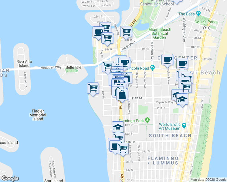 map of restaurants, bars, coffee shops, grocery stores, and more near 1535 West Avenue in Miami Beach