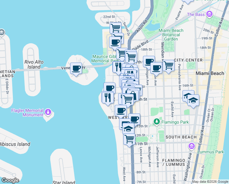 map of restaurants, bars, coffee shops, grocery stores, and more near 1545 Bay Road in Miami Beach