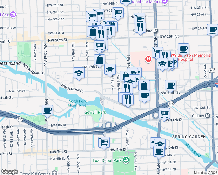 map of restaurants, bars, coffee shops, grocery stores, and more near 1421 Northwest 16th Avenue in Miami