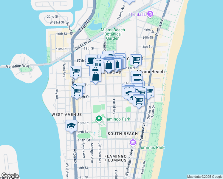 map of restaurants, bars, coffee shops, grocery stores, and more near 1525 Meridian Avenue in Miami Beach