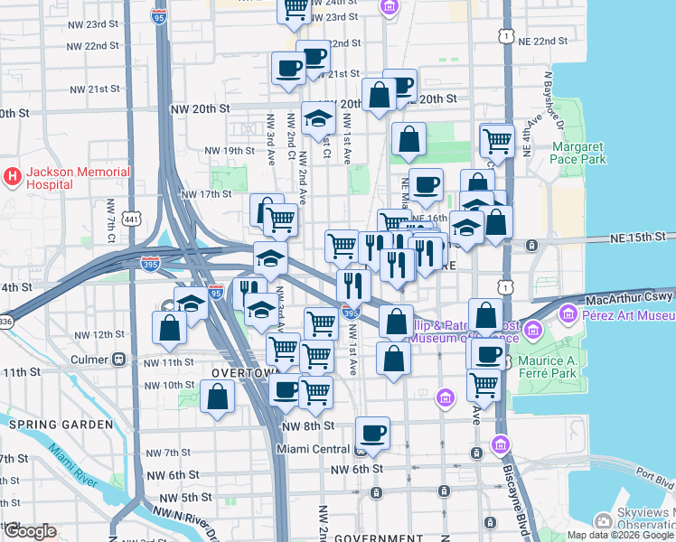 map of restaurants, bars, coffee shops, grocery stores, and more near 1360 Northwest 1st Court in Miami