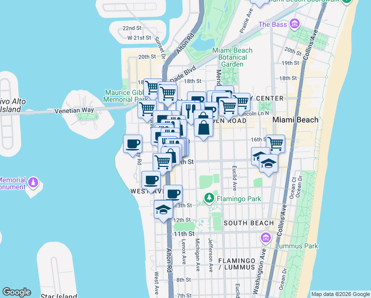 map of restaurants, bars, coffee shops, grocery stores, and more near 1526 Michigan Avenue in Miami Beach